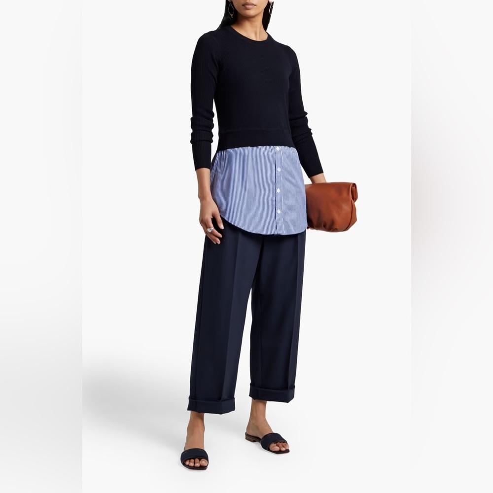 VERONICA BEARD Rocha Striped Cotton Poplin-Paneled Merino Wool Sweater Top XS